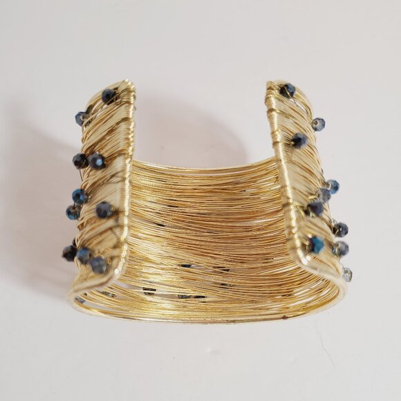 Gold Wire Wrapped Cuff Bracelet with Blue & Black Faceted Beads - Picture 6 of 8